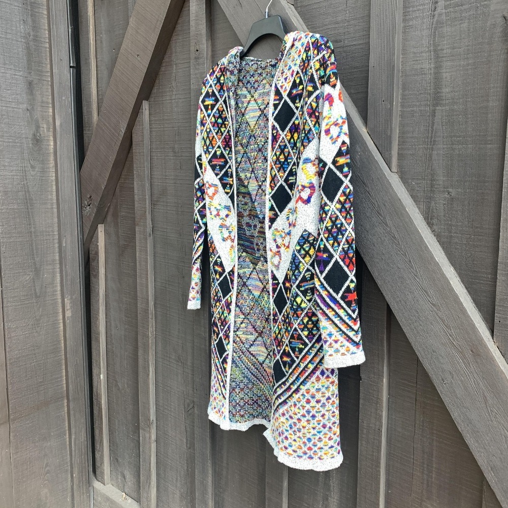Boho Aztec Hooded Cardigan Sweater Open Front Long Knit Multicolor Size M - Picture 2 of 14